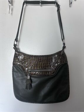 Brighton  Croc-Trim Leather olive green shoulder Bag